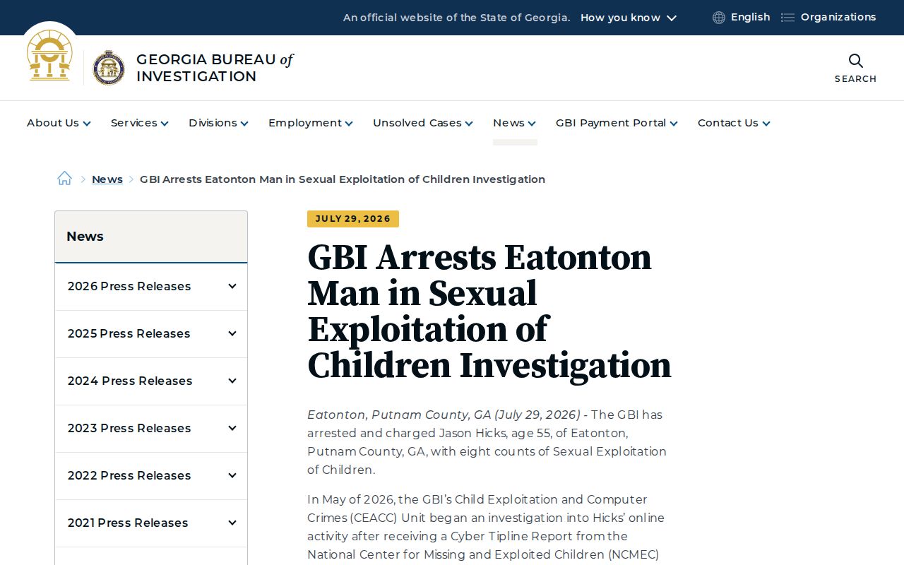 Georgia Bureau of Investigation Putnam County official arrest announcement source