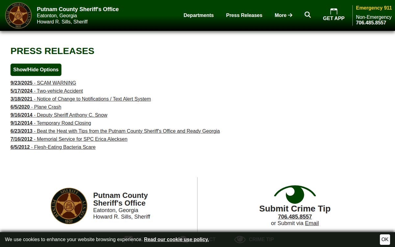 Putnam County Sheriff official press releases source for crime news