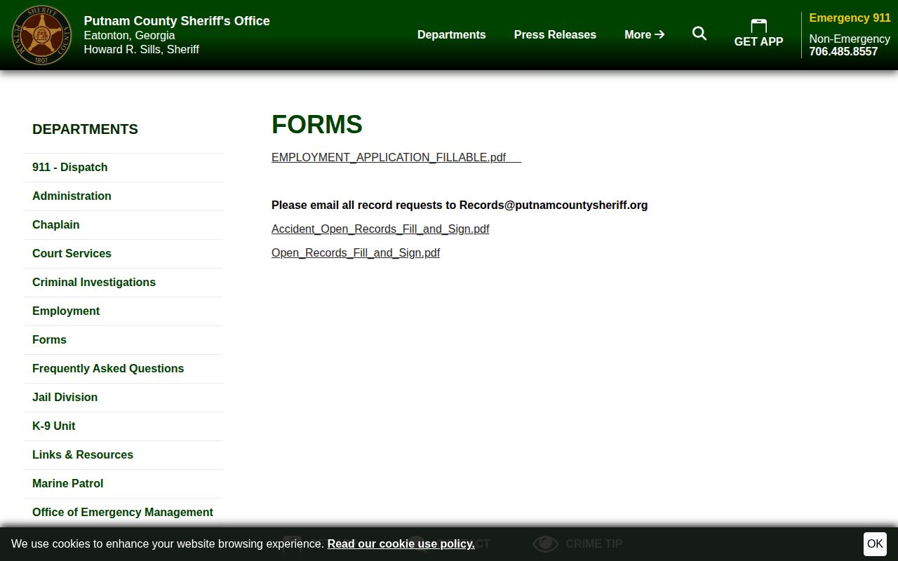 Putnam County Sheriff booking record and photo request form source