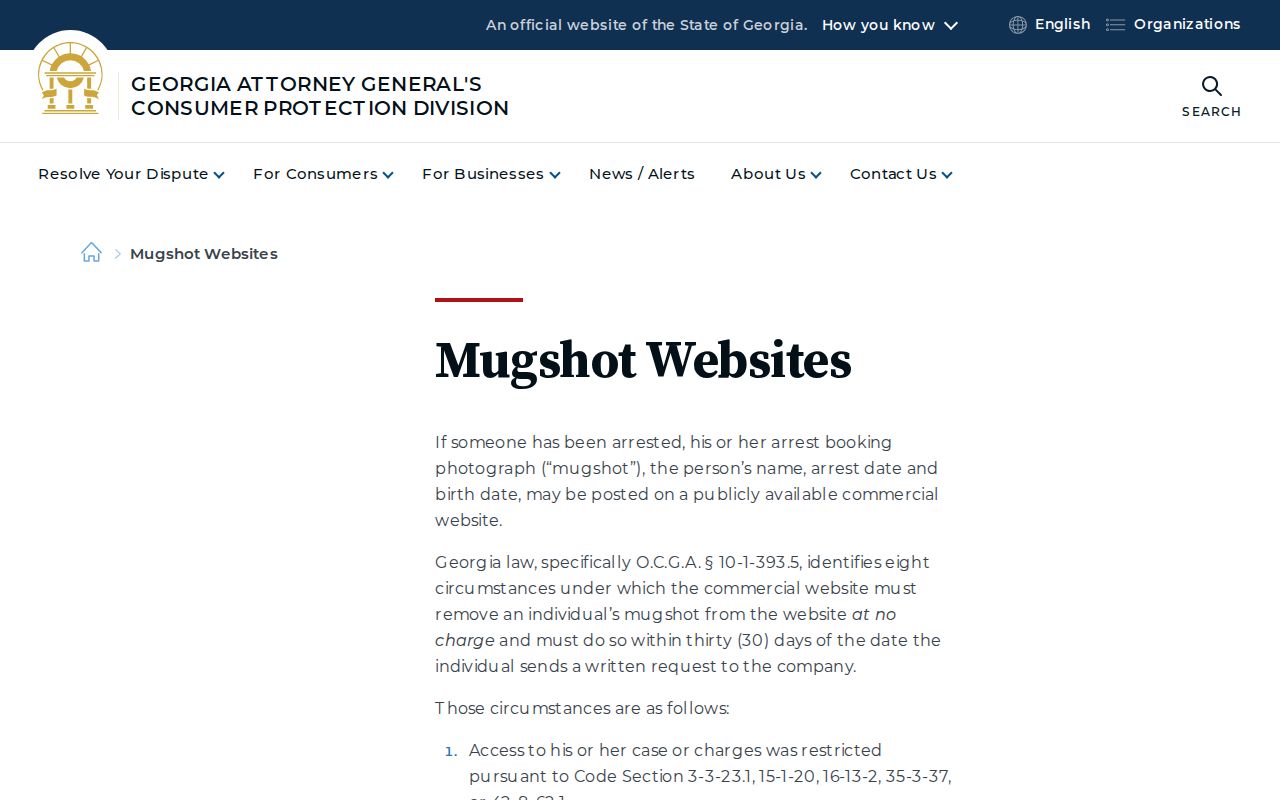 Georgia mugshot publication and removal law guidance source for Putnam County records